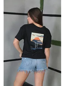 Unisex Bisiklet Yaka Baskılı Oversize T-shirt - Siyah