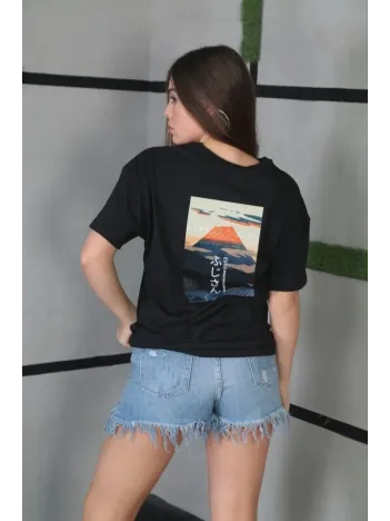 Unisex Bisiklet Yaka Baskılı Oversize T-Shirt - Siyah Unisex Bisiklet Yaka Baskılı Oversize T-Shirt - Siyah