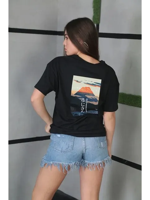 Unisex Bisiklet Yaka Baskılı Oversize T-shirt - Siyah