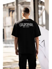 Unisex Bisiklet Yaka Baskılı Oversize T-shirt - Siyah
