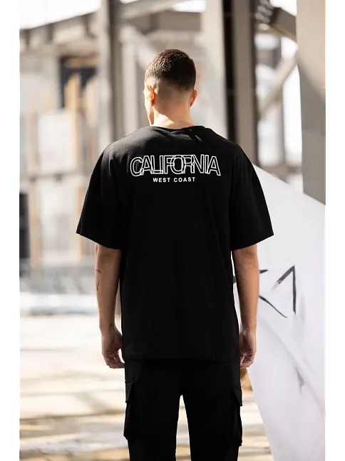 Unisex Bisiklet Yaka Baskılı Oversize T-shirt - Siyah