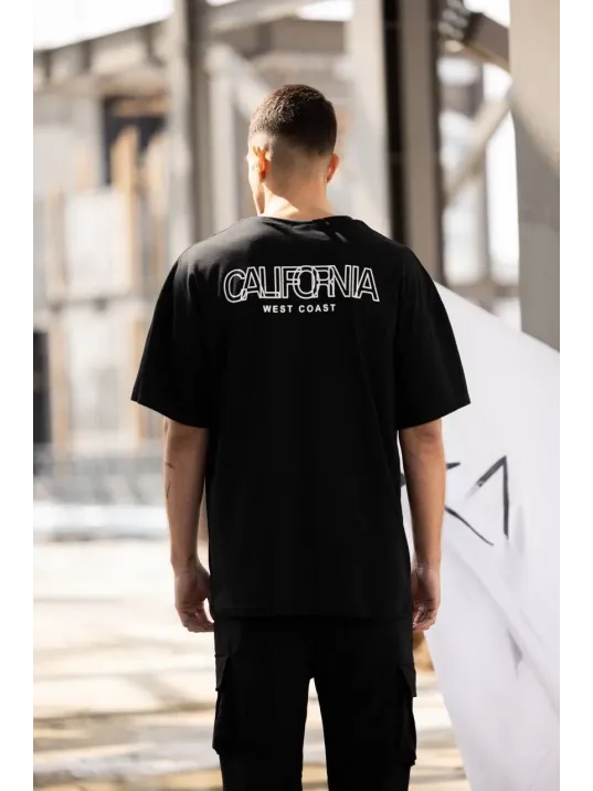 Unisex Bisiklet Yaka Baskılı Oversize T-Shirt - Siyah