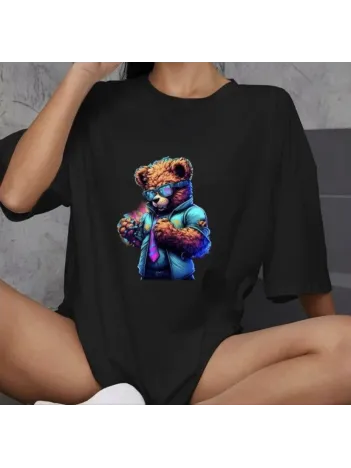 Unisex Bisiklet Yaka Baskılı Oversize T-Shirt - Siyah Unisex Bisiklet Yaka Baskılı Oversize T-Shirt - Siyah