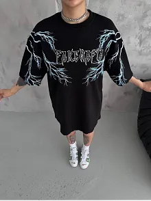 Unisex Bisiklet Yaka Baskılı Oversize T-shirt - Siyah