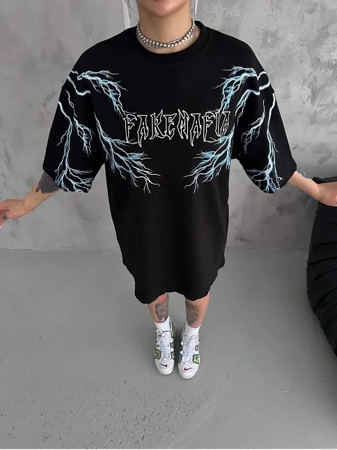 Unisex Bisiklet Yaka Baskılı Oversize T-shirt - Siyah