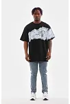 Unisex Bisiklet Yaka Baskılı Oversize T-shirt - Siyah