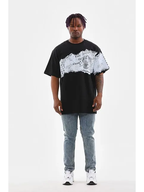 Unisex Bisiklet Yaka Baskılı Oversize T-shirt - Siyah