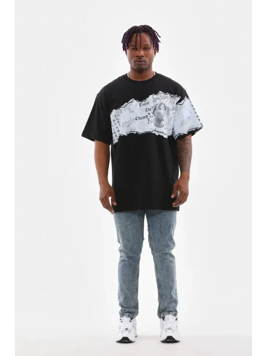 Unisex Bisiklet Yaka Baskılı Oversize T-Shirt - Siyah Unisex Bisiklet Yaka Baskılı Oversize T-Shirt - Siyah