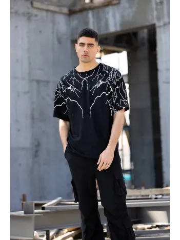 Unisex Bisiklet Yaka Baskılı Oversize T-shirt - Siyah