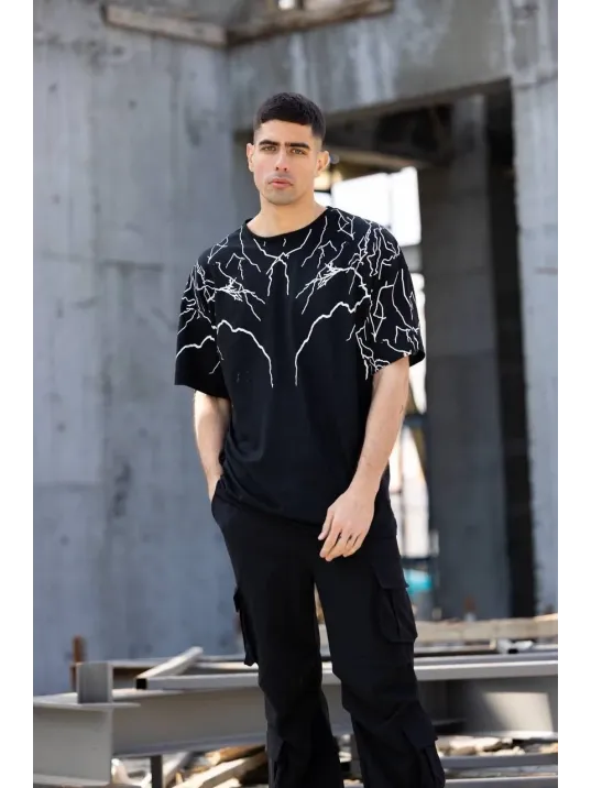 Unisex Bisiklet Yaka Baskılı Oversize T-shirt - Siyah