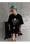 Unisex Bisiklet Yaka Baskılı Oversize T-shirt - Siyah