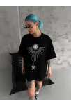 Unisex Bisiklet Yaka Baskılı Oversize T-shirt - Siyah