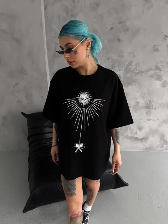Unisex Bisiklet Yaka Baskılı Oversize T-shirt - Siyah