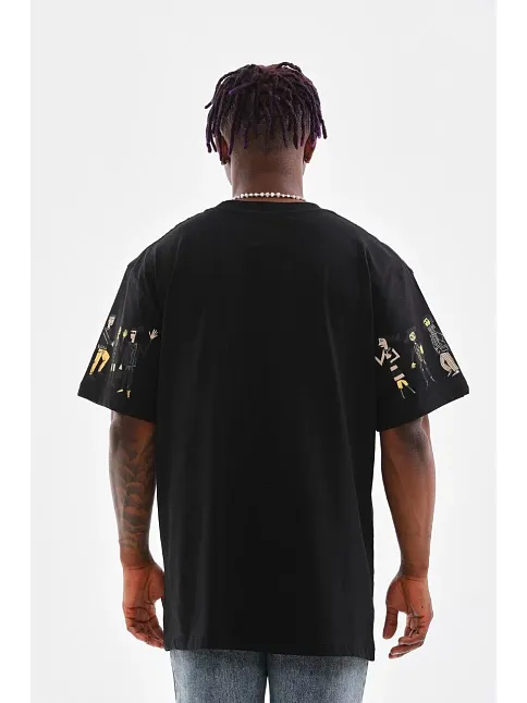 Unisex Bisiklet Yaka Baskılı Oversize T-shirt - Siyah