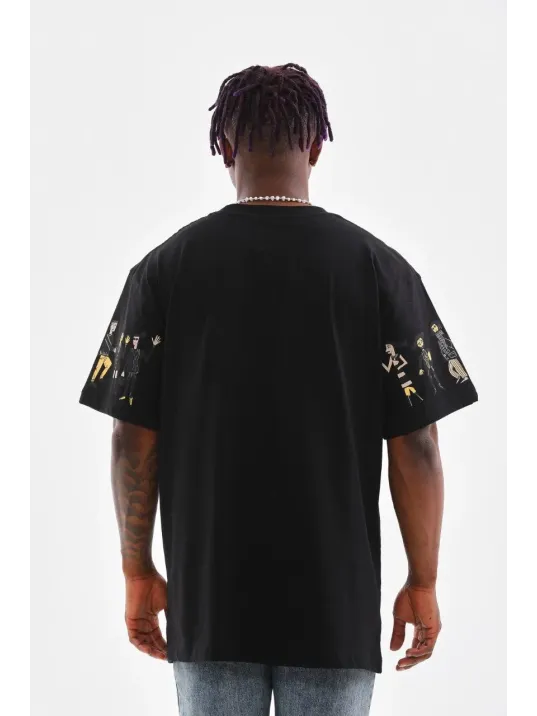 Unisex Bisiklet Yaka Baskılı Oversize T-Shirt - Siyah Unisex Bisiklet Yaka Baskılı Oversize T-Shirt - Siyah