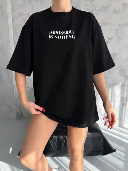 Unisex Bisiklet Yaka Baskılı Oversize T-Shirt - Siyah Unisex Bisiklet Yaka Baskılı Oversize T-Shirt - Siyah