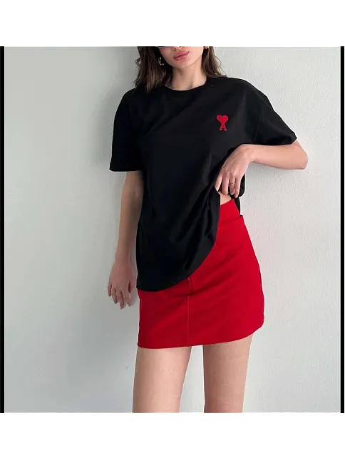 Unisex Bisiklet Yaka Baskılı Oversize T-shirt - Siyah
