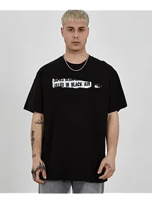 Unisex Bisiklet Yaka Baskılı Oversize T-shirt - Siyah