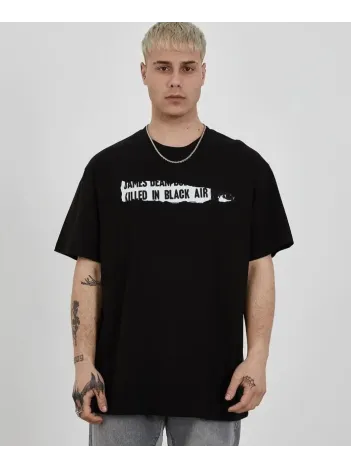 Unisex Bisiklet Yaka Baskılı Oversize T-shirt - Siyah