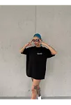 Kadın Bisiklet Yaka Baskılı Kısa Kol Oversize T-shirt - Siyah