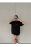 Kadın Bisiklet Yaka Baskılı Kısa Kol Oversize T-shirt - Siyah
