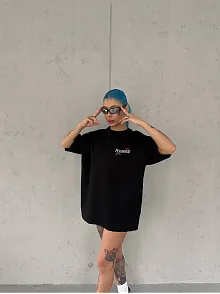 Kadın Bisiklet Yaka Baskılı Kısa Kol Oversize T-shirt - Siyah