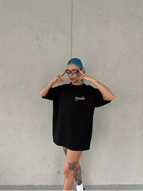 Kadın Bisiklet Yaka Baskılı Kısa Kol Oversize T-shirt - Siyah