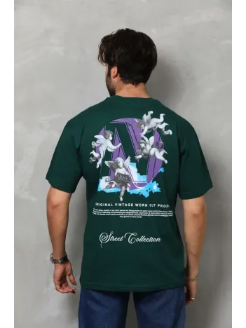 Unisex Bisiklet Yaka Baskılı Oversize T-shirt - Yeşil