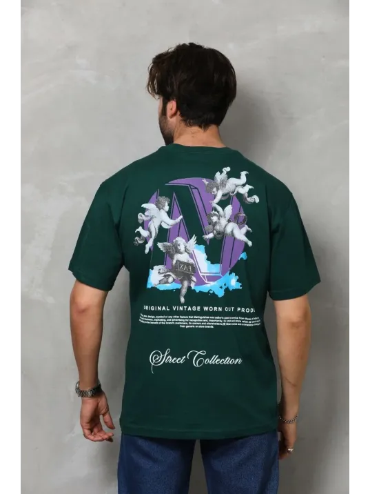 Unisex Bisiklet Yaka Baskılı Oversize T-shirt - Yeşil