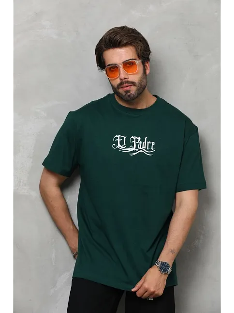 Unisex Bisiklet Yaka Baskılı Oversize T-shirt - Yeşil