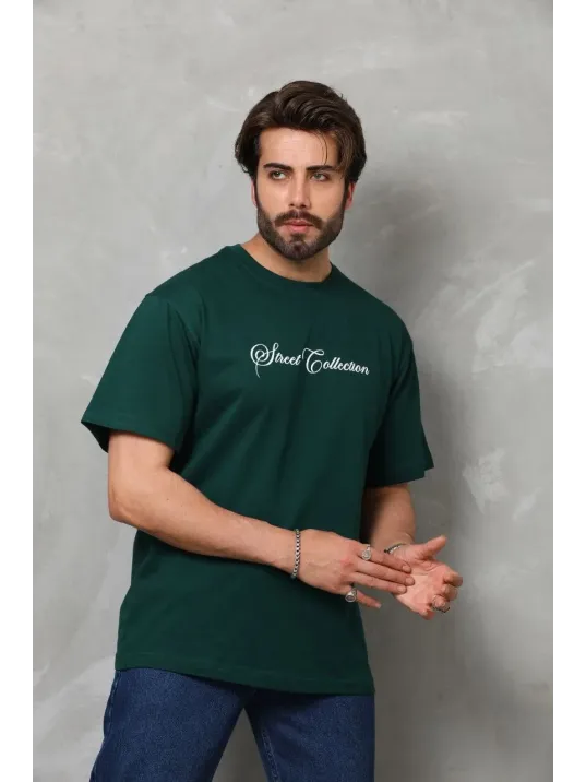 Unisex Bisiklet Yaka Baskılı Oversize T-shirt - Yeşil