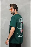 Unisex Bisiklet Yaka Baskılı Oversize T-shirt - Yeşil