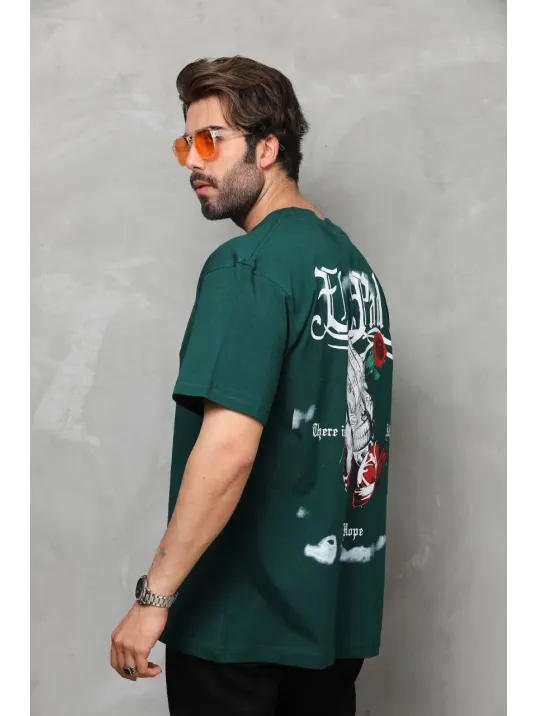 Unisex Bisiklet Yaka Baskılı Oversize T-Shirt - Yeşil Unisex Bisiklet Yaka Baskılı Oversize T-Shirt - Yeşil