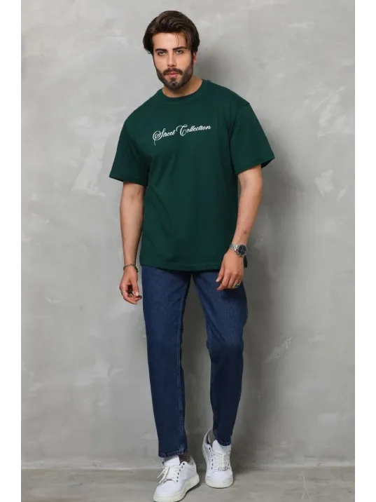Unisex Bisiklet Yaka Baskılı Oversize T-shirt - Yeşil