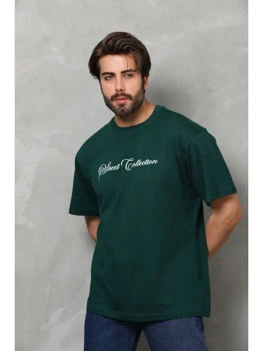 Unisex Bisiklet Yaka Baskılı Oversize T-shirt - Yeşil