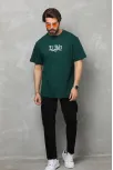 Unisex Bisiklet Yaka Baskılı Oversize T-shirt - Yeşil
