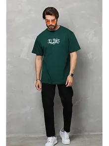 Unisex Bisiklet Yaka Baskılı Oversize T-shirt - Yeşil