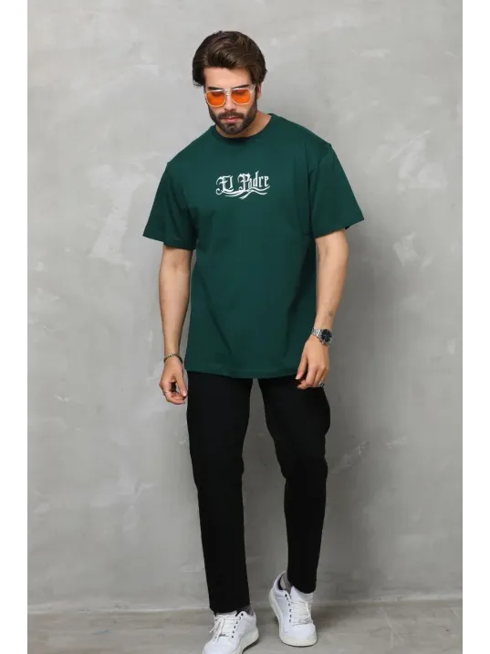 Unisex Bisiklet Yaka Baskılı Oversize T-Shirt - Yeşil Unisex Bisiklet Yaka Baskılı Oversize T-Shirt - Yeşil
