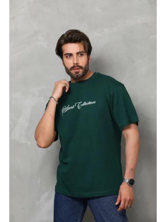 Unisex Bisiklet Yaka Baskılı Oversize T-shirt - Yeşil