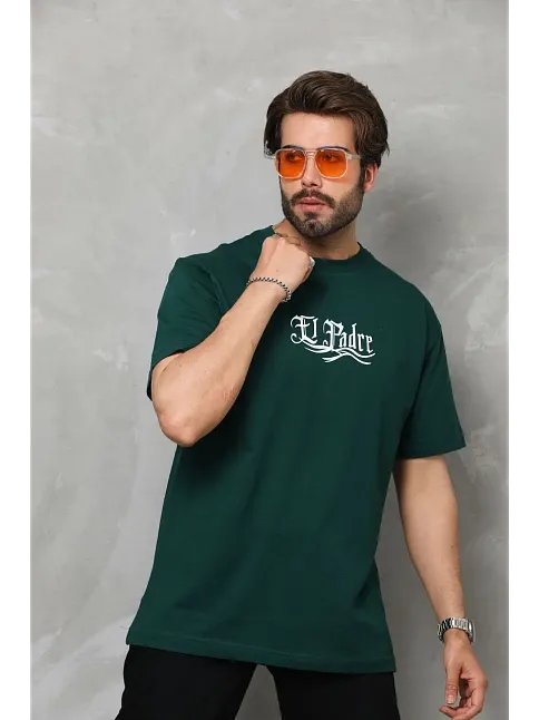 Unisex Bisiklet Yaka Baskılı Oversize T-shirt - Yeşil