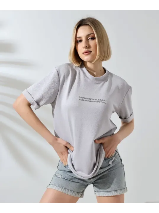 Unisex Bisiklet Yaka Baskılı Slim Fit T-Shirt - Boyalı Gri
