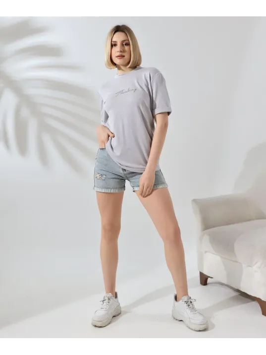 Unisex Bisiklet Yaka Baskılı Slim Fit T-Shirt - Boyalı Gri