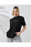Unisex Bisiklet Yaka Baskılı Slim Fit T-shirt - Siyah