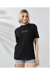Unisex Bisiklet Yaka Baskılı Slim Fit T-shirt - Siyah