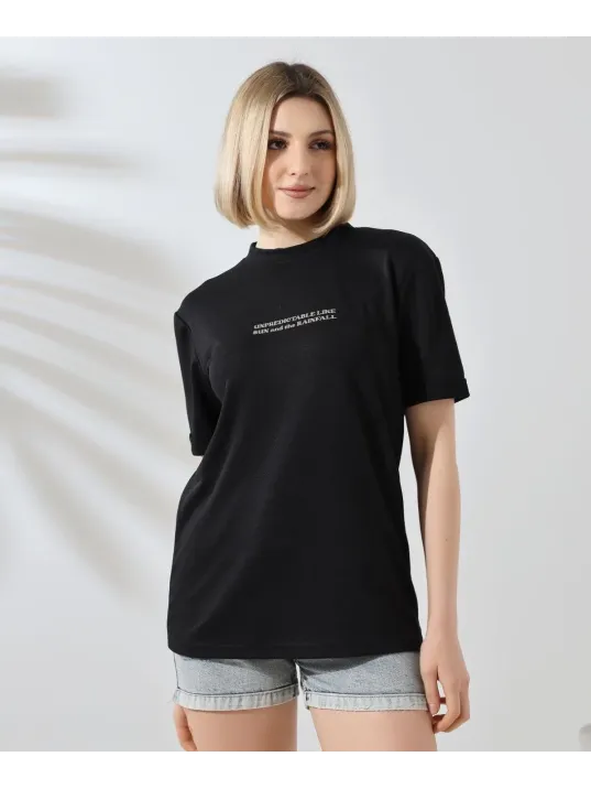 Unisex Bisiklet Yaka Baskılı Slim Fit T-Shirt - Siyah Unisex Bisiklet Yaka Baskılı Slim Fit T-Shirt - Siyah