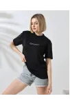 Unisex Bisiklet Yaka Baskılı Slim Fit T-shirt - Siyah