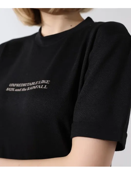 Unisex Bisiklet Yaka Baskılı Slim Fit T-Shirt - Siyah