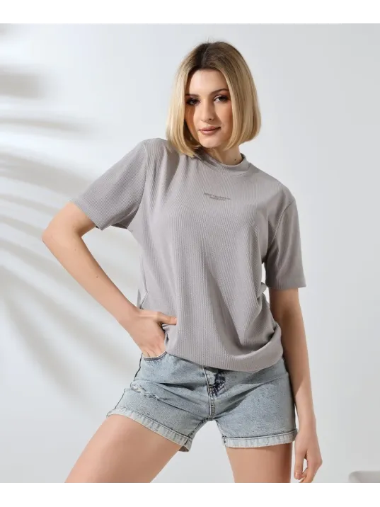 Unisex Bisiklet Yaka Baskılı Slim Fit T-Shirt - Boyalı Gri