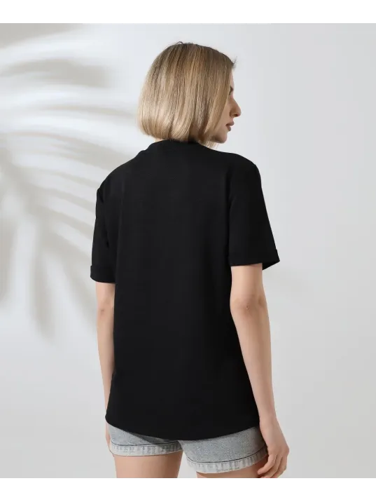 Unisex Bisiklet Yaka Baskılı Slim Fit T-Shirt - Siyah