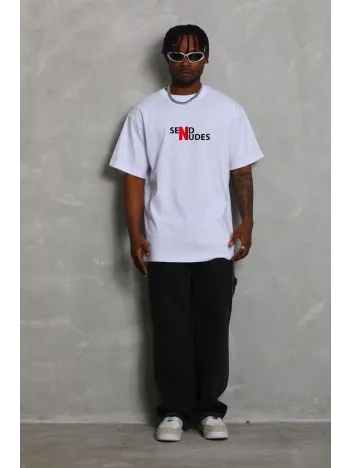 Unisex Bisiklet Yaka Double Oversize Baskılı T-Shirt - Beyaz Unisex Bisiklet Yaka Double Oversize Baskılı T-Shirt - Beyaz